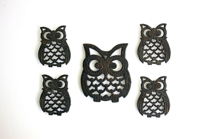 SOLD - Set of 5 Vintage Cast Iron Owl Trivets