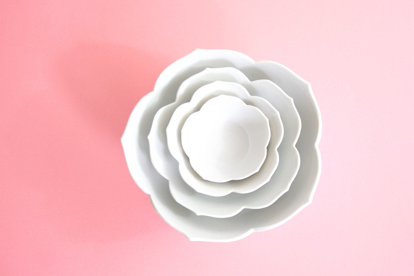 SOLD - Vintage Set of Four Nesting White Lotus Bowls / Mid Century Porcelain Flower Bowls
