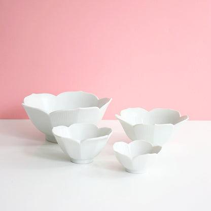 SOLD - Vintage Set of Four Nesting White Lotus Bowls / Mid Century Porcelain Flower Bowls