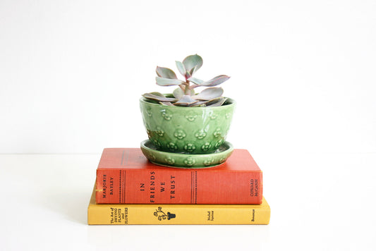 SOLD - Vintage Shawnee Quilted Daisy Planter / Mid Century Green Ceramic Flower Pot With Saucer