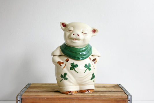SOLD - Vintage Shawnee Shamrock Pig Cookie Jar / Antique 1940s Shawnee Smiley Pig Ceramic Canister