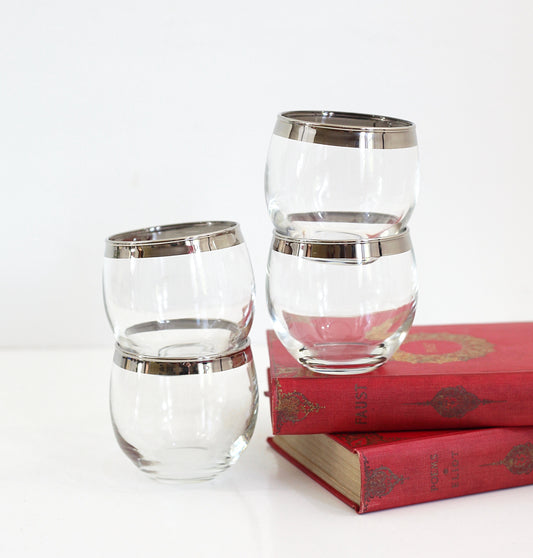 SOLD - Mid Century Modern Silver Rimmed Roly Poly Cocktail Glasses