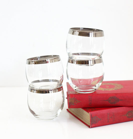 SOLD - Set of Four Silver Rimmed Roly Poly Glasses