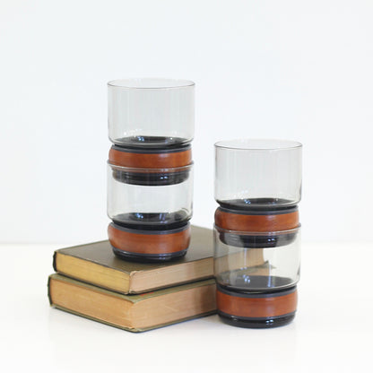 SOLD - Mid Century Smoke Gray Glasses with Faux Leather Bands