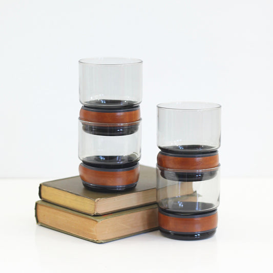 SOLD - Mid Century Smoke Gray Glasses with Faux Leather Bands