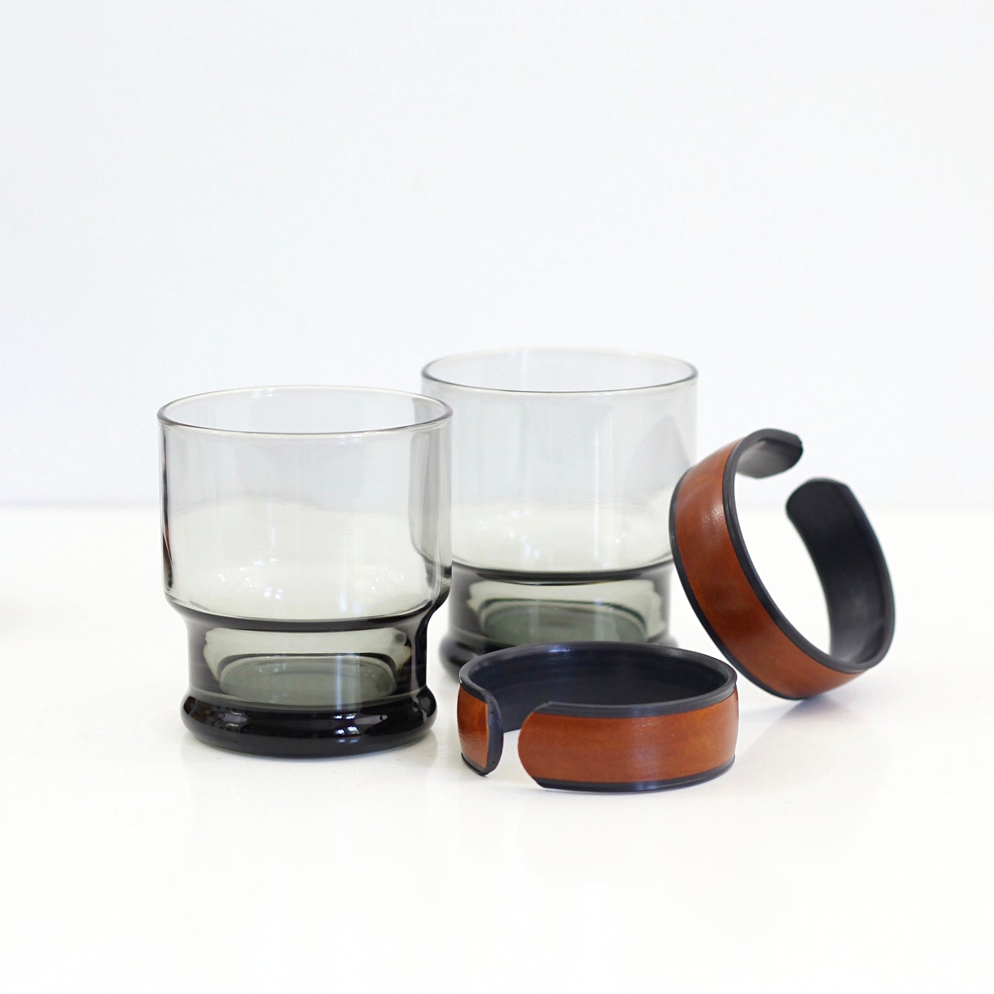 SOLD - Mid Century Smoke Gray Glasses with Faux Leather Bands