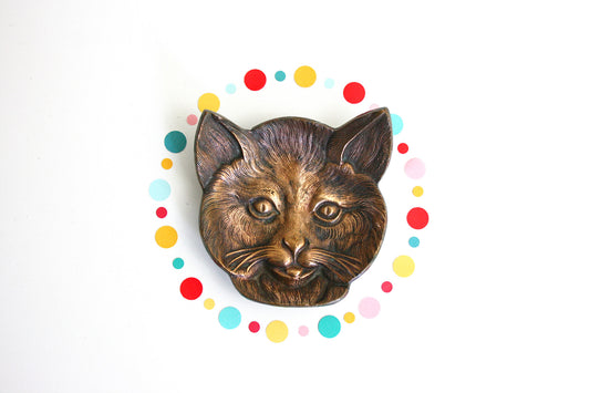 SOLD - Vintage Solid Brass Cat Dish / Antique Cat Trinket Dish
