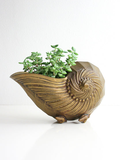 SOLD - Mid Century Solid Brass Nautilus Shell Vase / Hollywood Regency Sea Shell Planter