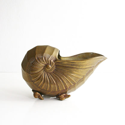 SOLD - Mid Century Solid Brass Nautilus Shell Vase / Hollywood Regency Sea Shell Planter