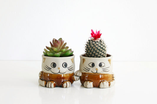SOLD - Vintage Stoneware Cat Planters / Retro Cats Holding Hands Plant Pots