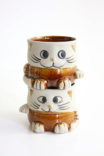 SOLD - Vintage Stoneware Cat Planters / Retro Cats Holding Hands Plant Pots
