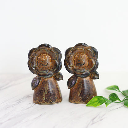 SOLD - Vintage Stoneware Flower Faces Salt and Pepper Shakers