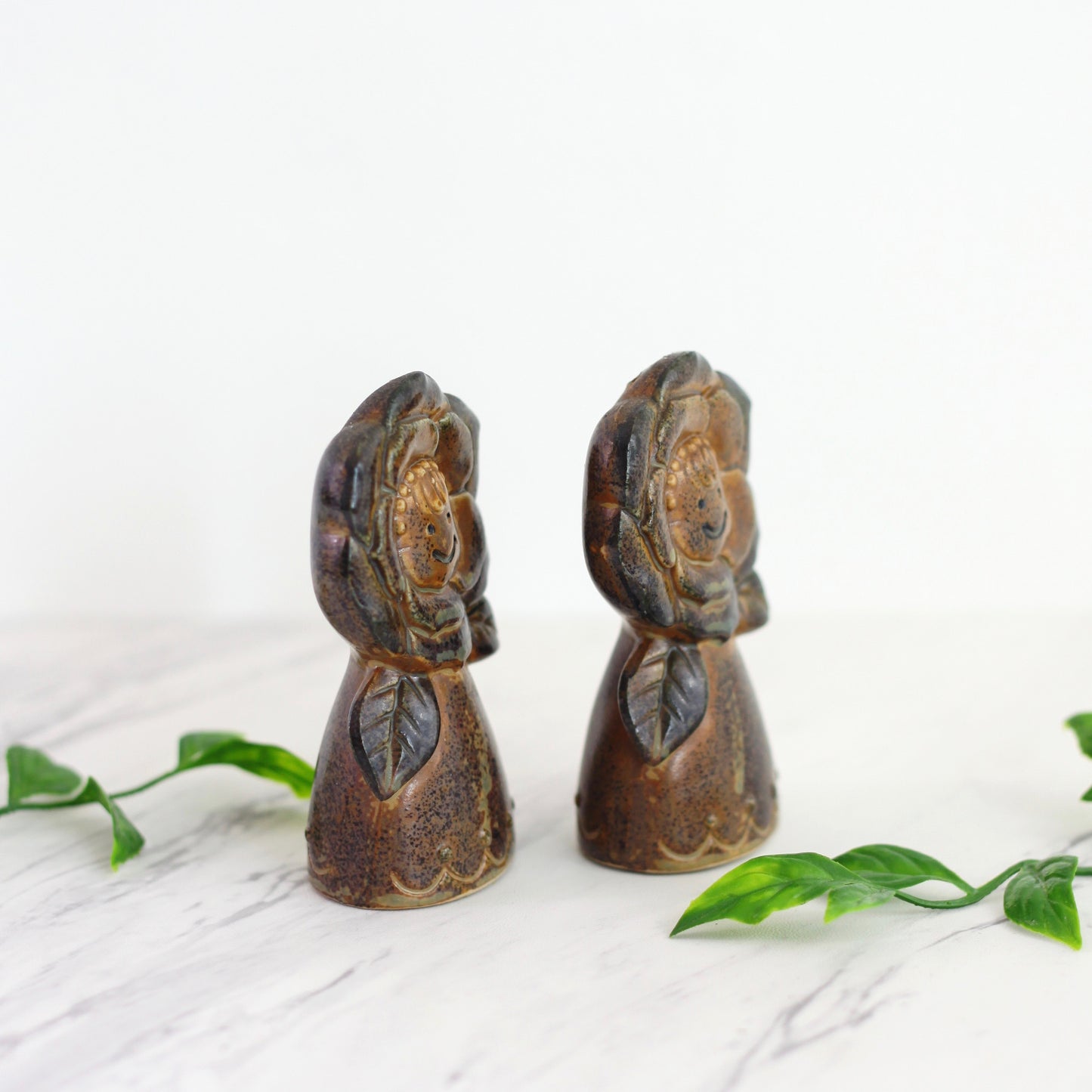 SOLD - Vintage Stoneware Flower Faces Salt and Pepper Shakers