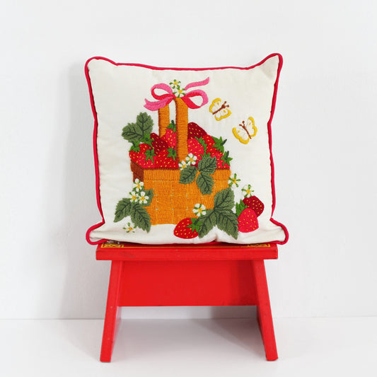 SOLD - Vintage Strawberries Crewel Embroidery Throw Pillow