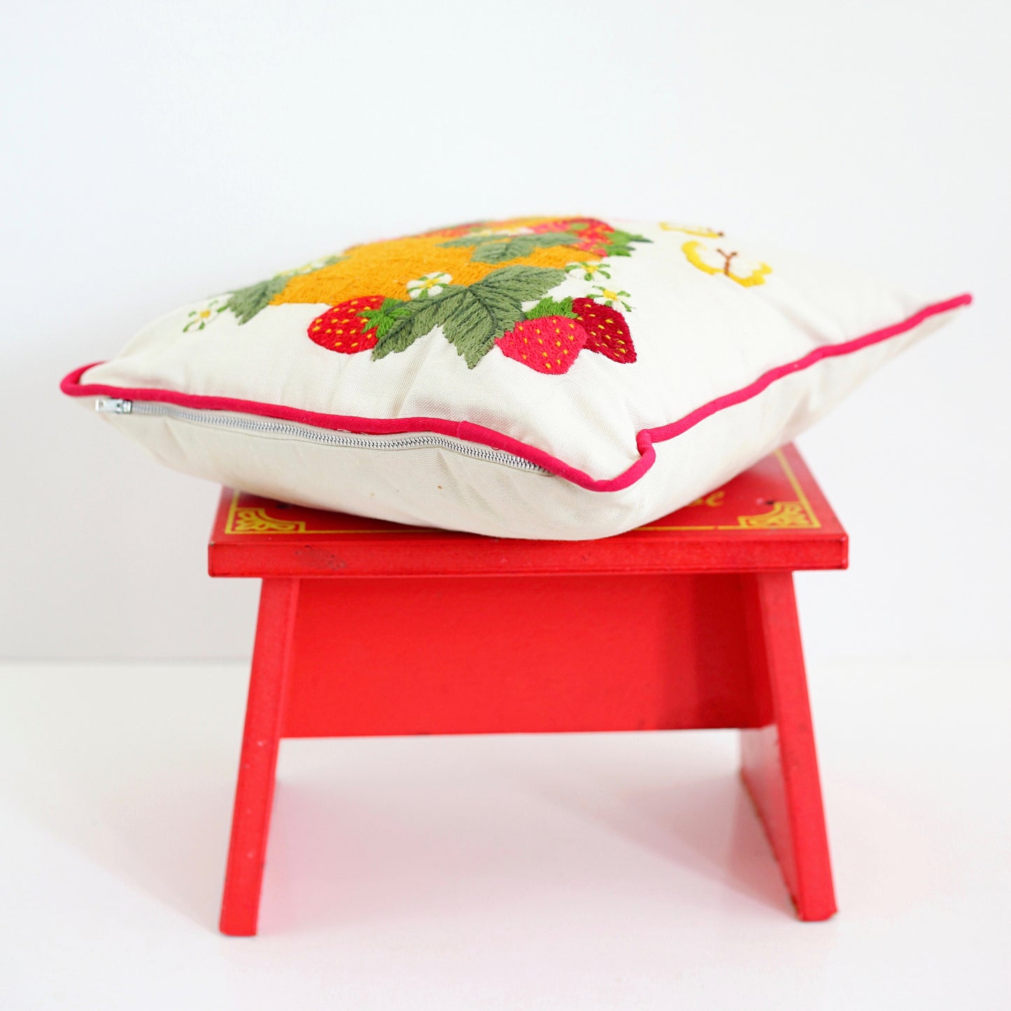 SOLD - Vintage Strawberries Crewel Embroidery Throw Pillow