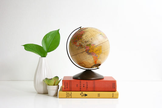 SOLD - Mid Century Metal Lithograph Globe Bank by Replogle / The Revere Vintage Globe
