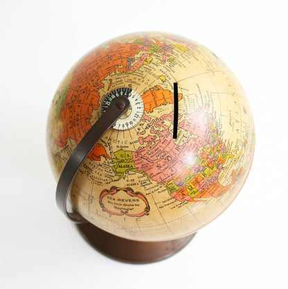 SOLD - Mid Century Metal Lithograph Globe Bank by Replogle / The Revere Vintage Globe