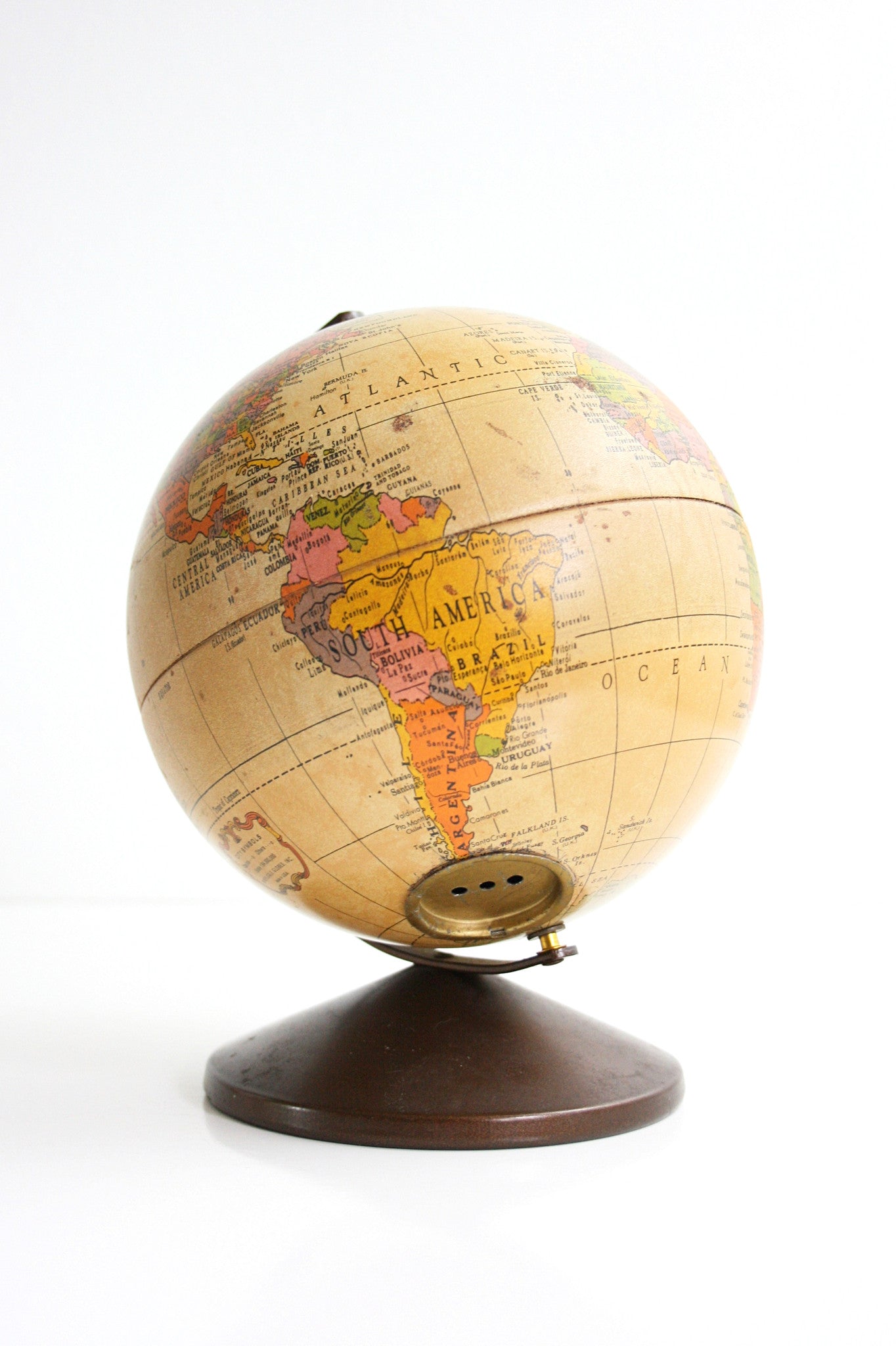 SOLD - Mid Century Metal Lithograph Globe Bank by Replogle / The Revere Vintage Globe