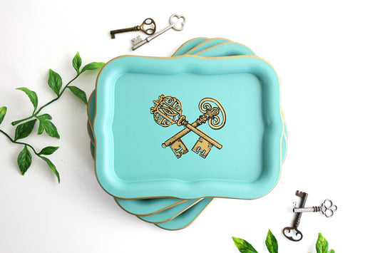 SOLD - Mid Century Modern Aqua and Gold Tin Litho Cocktail Trays