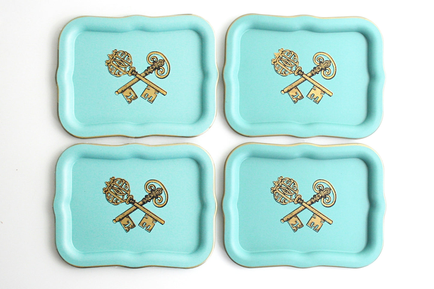 SOLD - Mid Century Modern Aqua and Gold Tin Litho Cocktail Trays