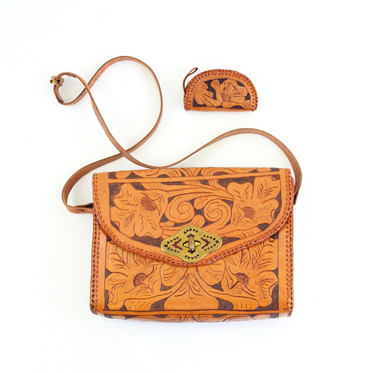 SOLD - Vintage Tooled Leather Crossbody Bag & Change Purse