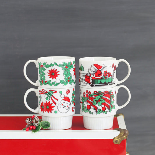 SOLD - Mid Century Stacking Christmas Mugs