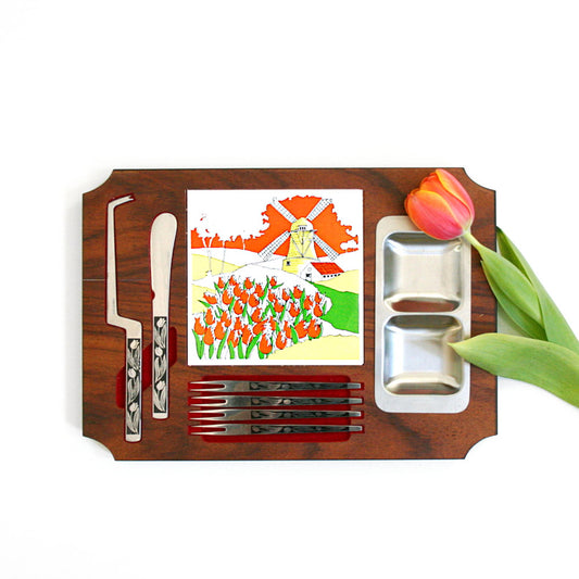 SOLD - Vintage Wood and Ceramic Windmill Snack Server Set