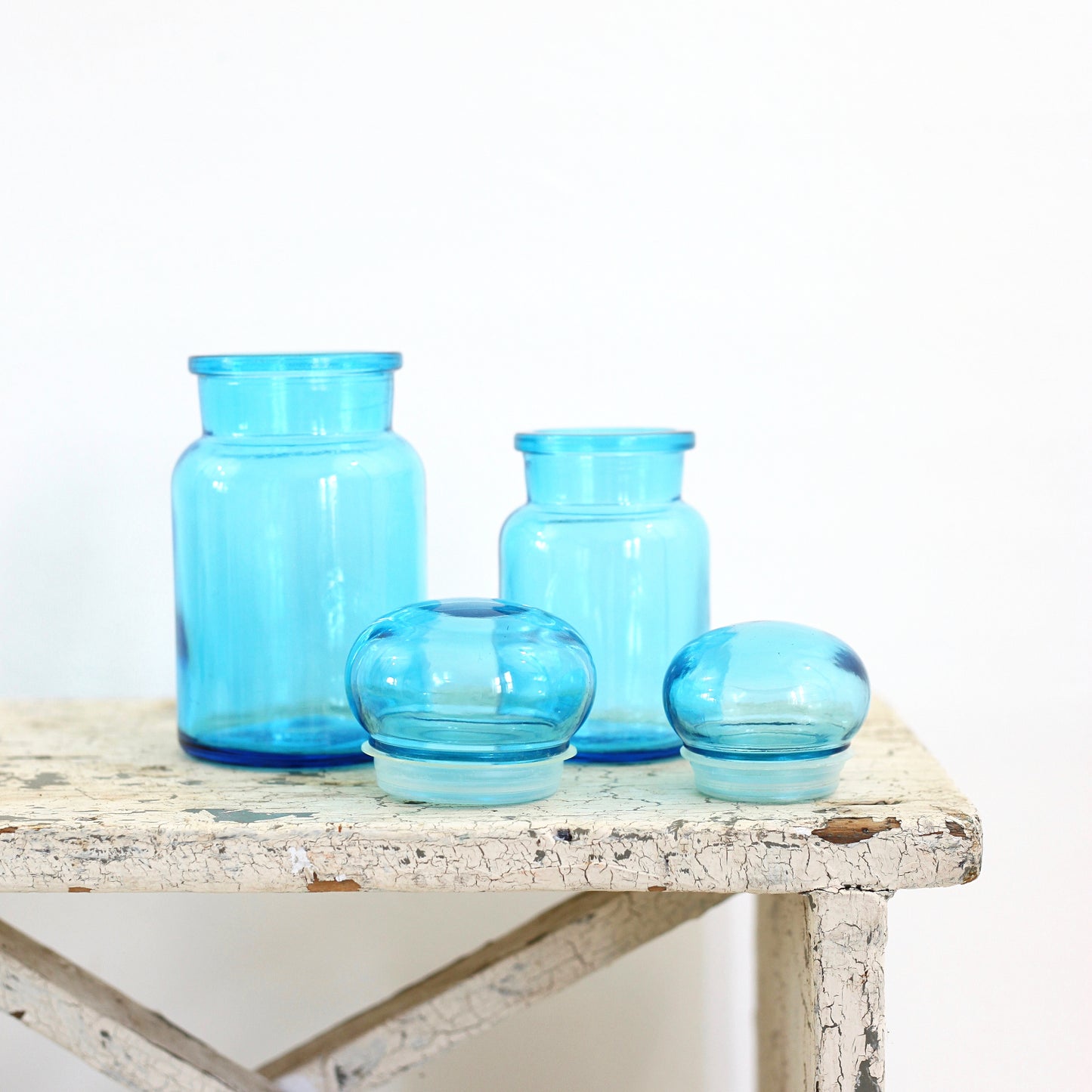 SOLD - Mid Century Turquoise Apothecary Jars from Belgium