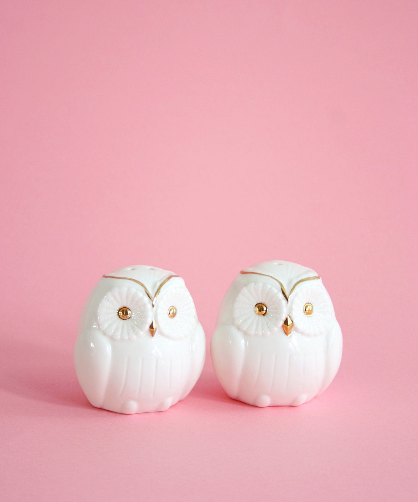 SOLD - Vintage White and Gold Ceramic Owl Salt and Pepper Shakers
