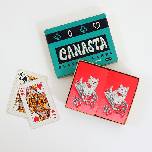 SOLD - Vintage Pink & Red Kitten Playing Cards