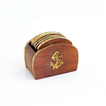 SOLD - Vintage Wood and Brass Anchor Drink Coasters Set