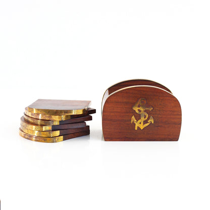 SOLD - Vintage Wood and Brass Anchor Drink Coasters Set