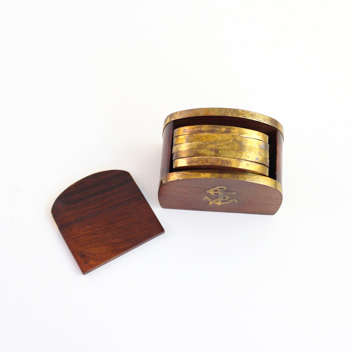 SOLD - Vintage Wood and Brass Anchor Drink Coasters Set