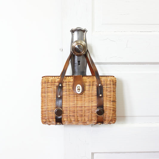 SOLD - Vintage Woven Basket Purse with Leather Accents