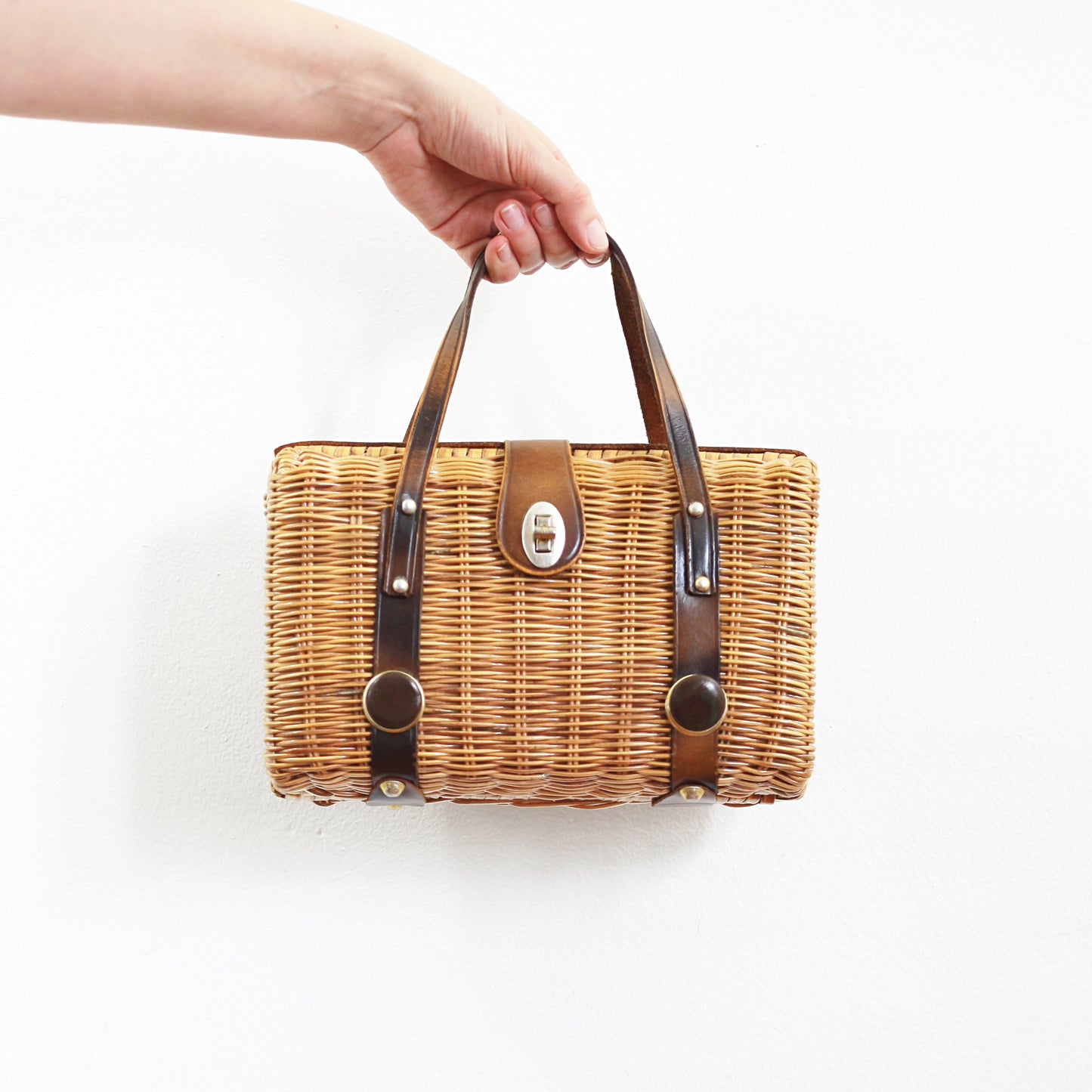 SOLD - Vintage Woven Basket Purse with Leather Accents