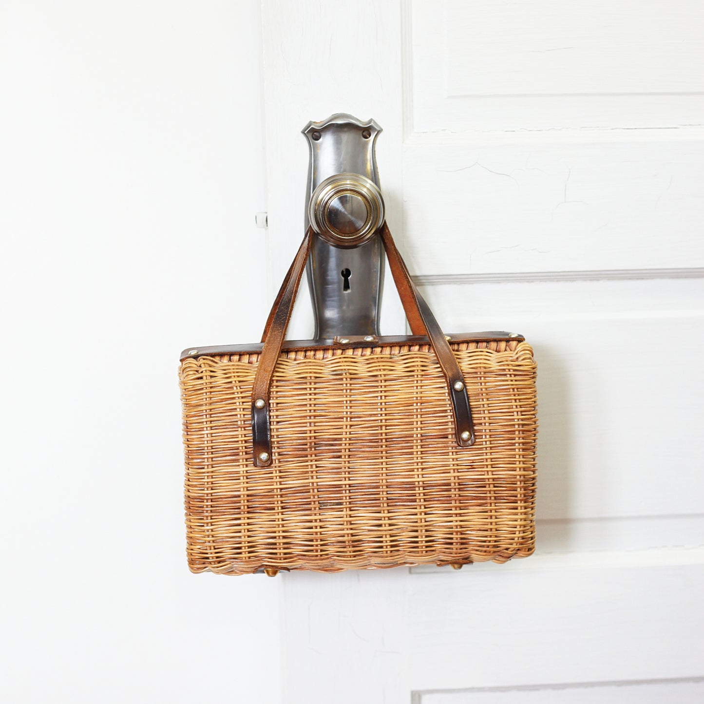 SOLD - Vintage Woven Basket Purse with Leather Accents