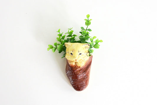 SOLD - Vintage Yellow Ceramic Cat Wall Pocket / Vintage Kitty Wall Planter