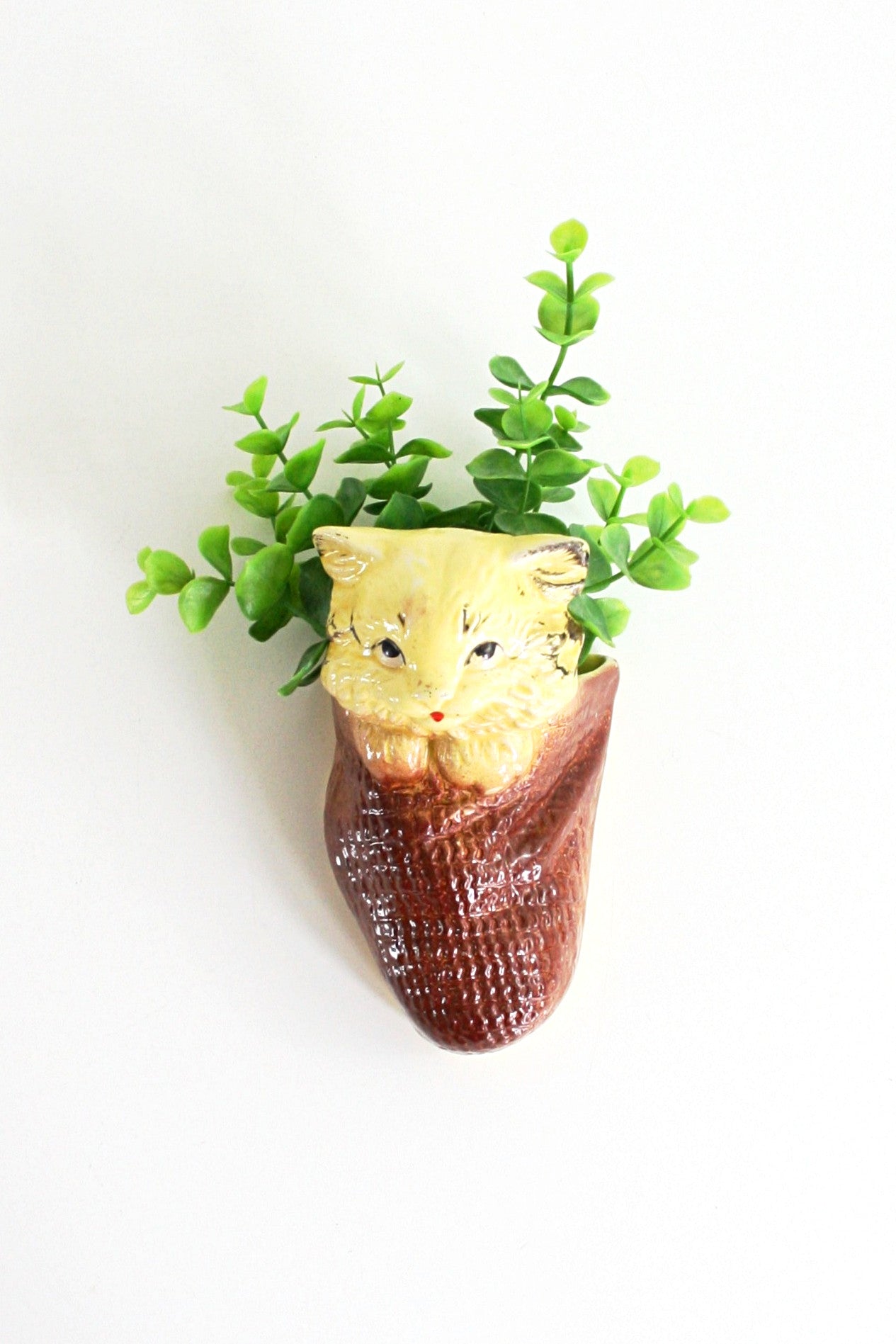 SOLD - Vintage Yellow Ceramic Cat Wall Pocket / Vintage Kitty Wall Planter