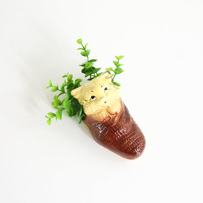 SOLD - Vintage Yellow Ceramic Cat Wall Pocket / Vintage Kitty Wall Planter