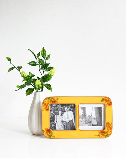 SOLD - Vintage Enamel Buckler's Picture Frame / Mid Century Yellow Roses Photo Frame