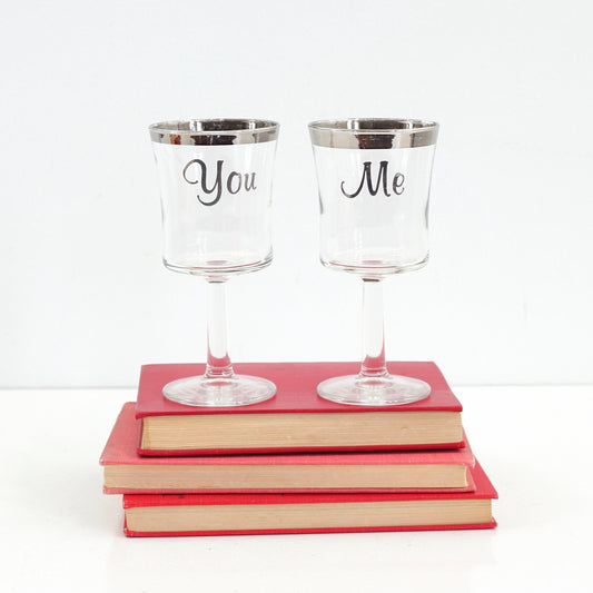 SOLD - Vintage Silver Rimmed You & Me Wine Glasses