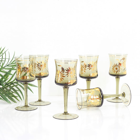 Set of Six Vintage Smoky Amber & Gold Romanian Sunflower Wine Glasses