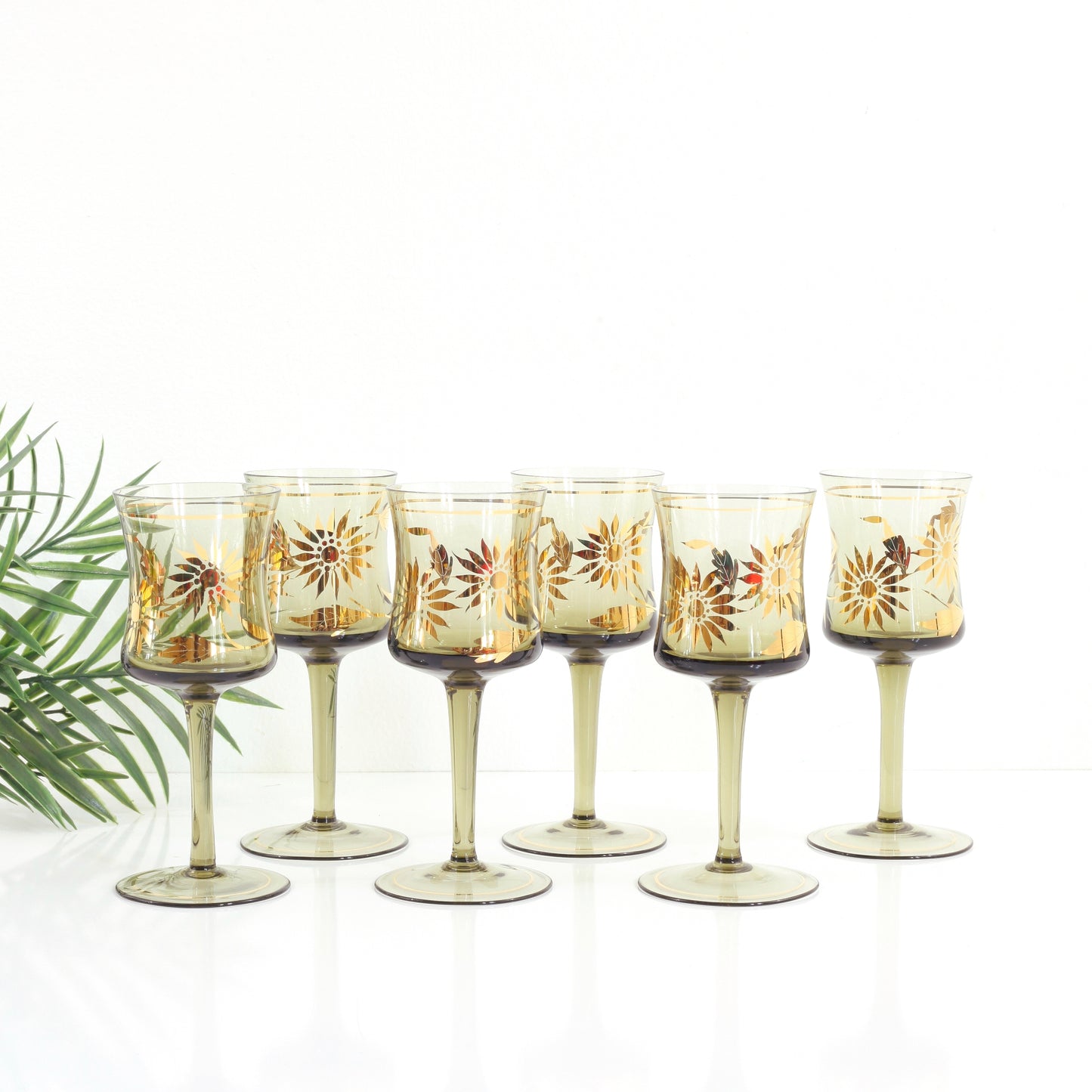 Set of Six Vintage Smoky Amber & Gold Romanian Sunflower Wine Glasses