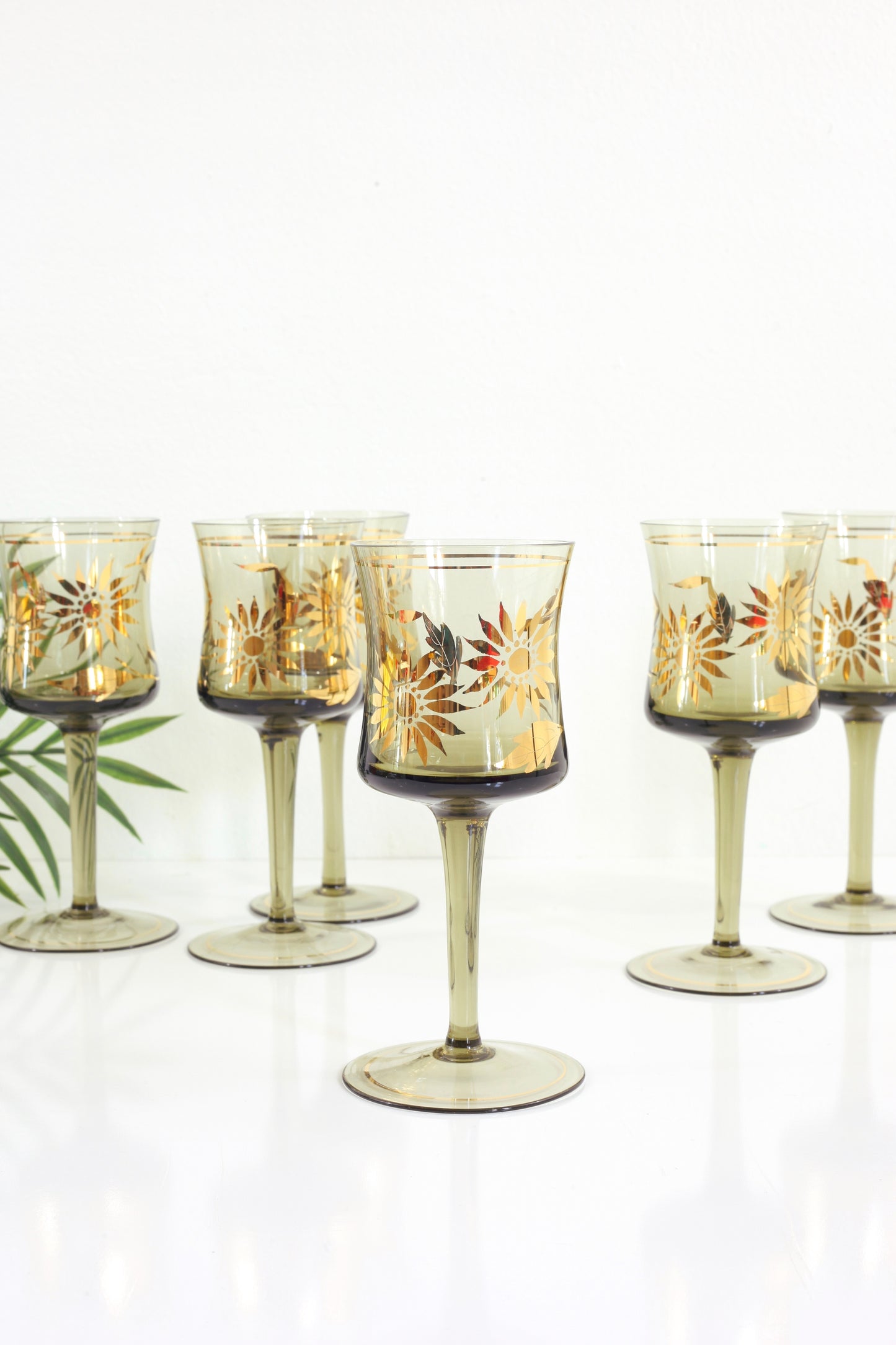 Set of Six Vintage Smoky Amber & Gold Romanian Sunflower Wine Glasses