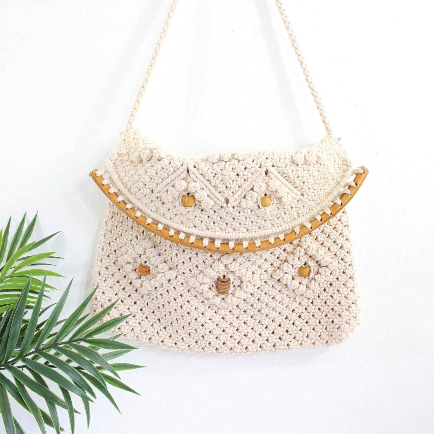 SOLD - Vintage Macrame Bag with Wooden Beads