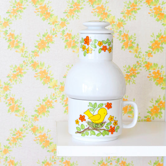 SOLD - Vintage Bird's Nest Stacking Mug & Hottle Bottle Set