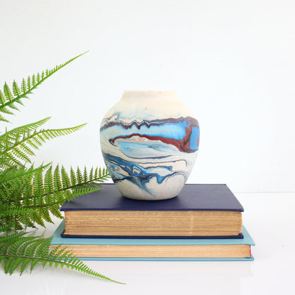 SOLD - Vintage Blue & Maroon Swirl Nemadji Pottery Vase