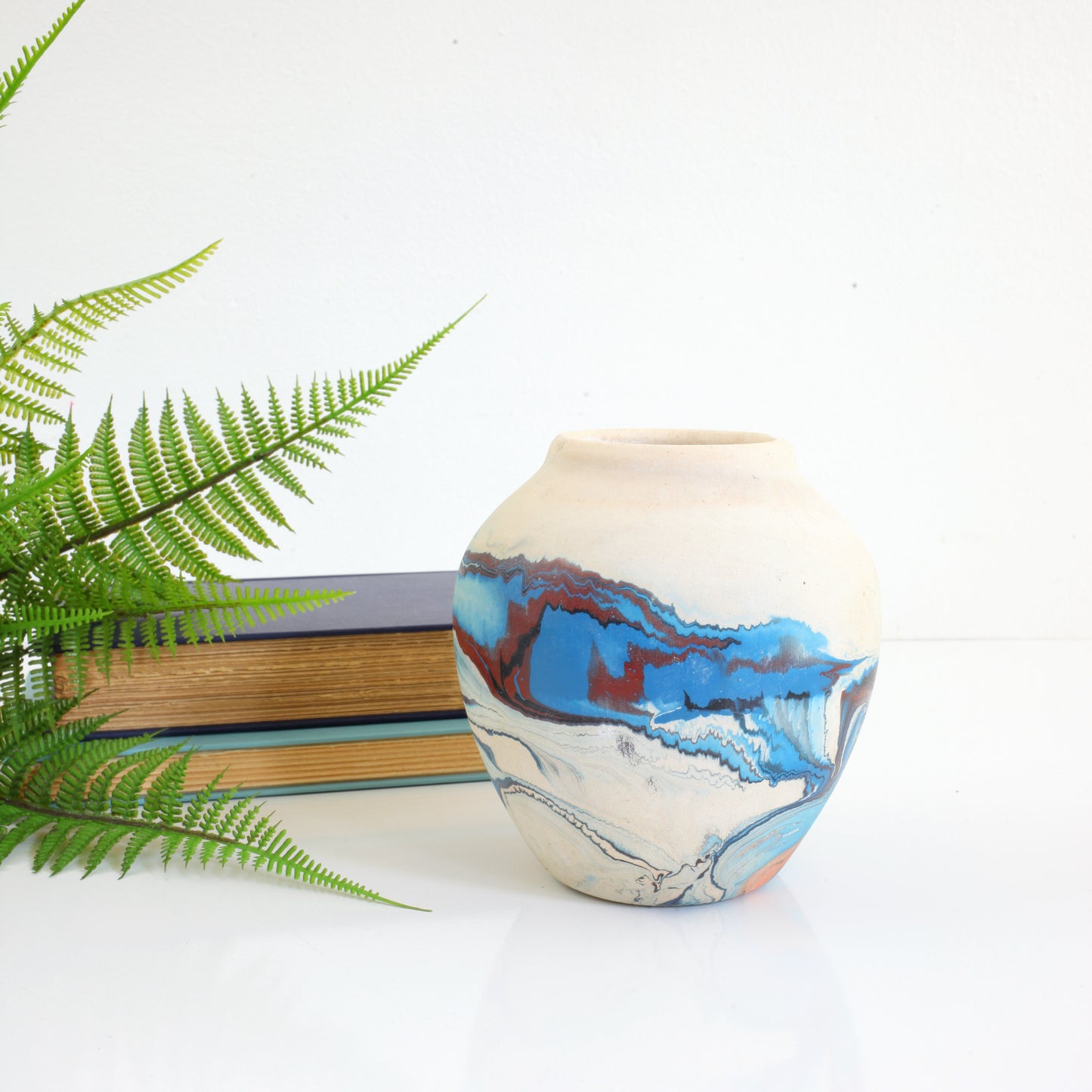 SOLD - Vintage Blue & Maroon Swirl Nemadji Pottery Vase