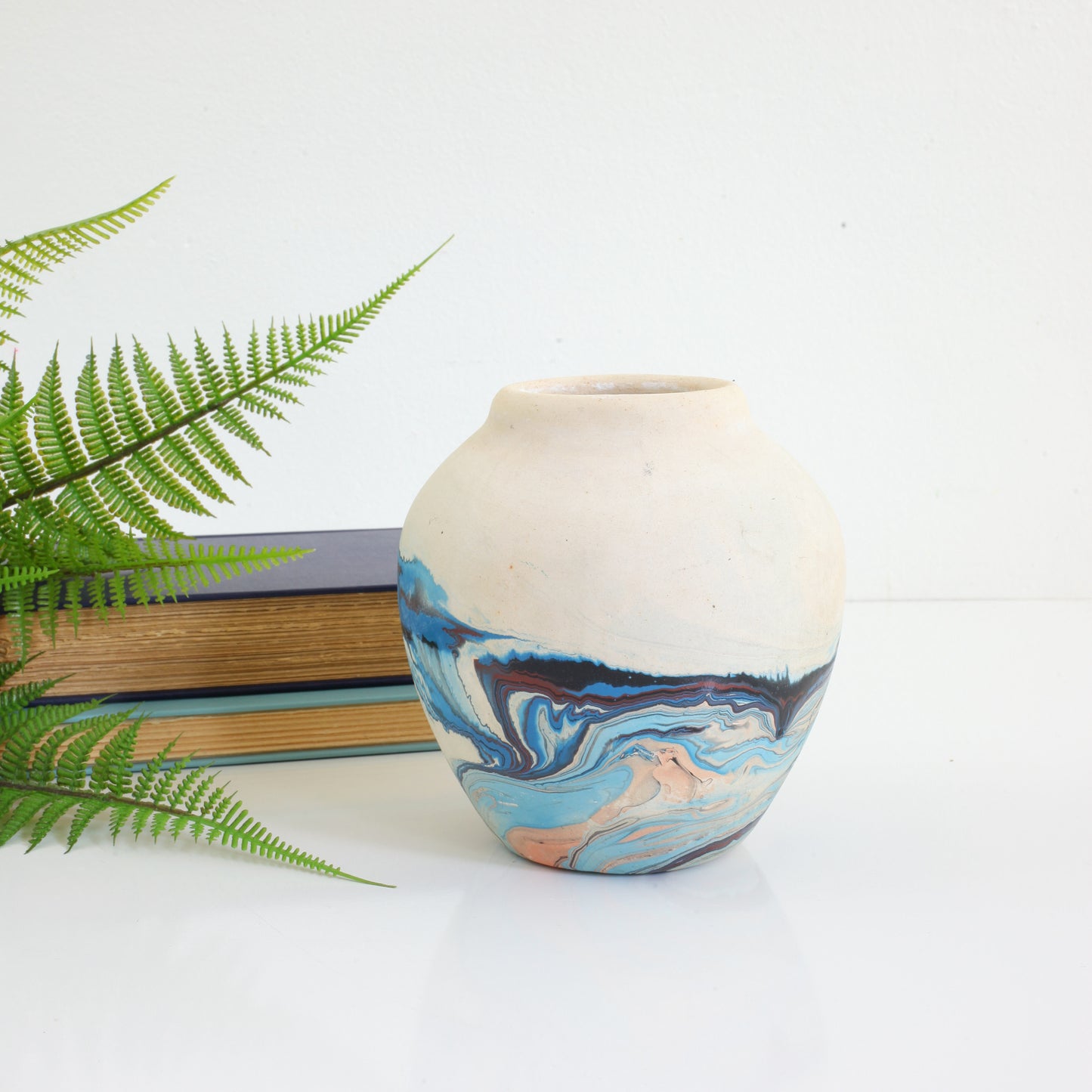 SOLD - Vintage Blue & Maroon Swirl Nemadji Pottery Vase