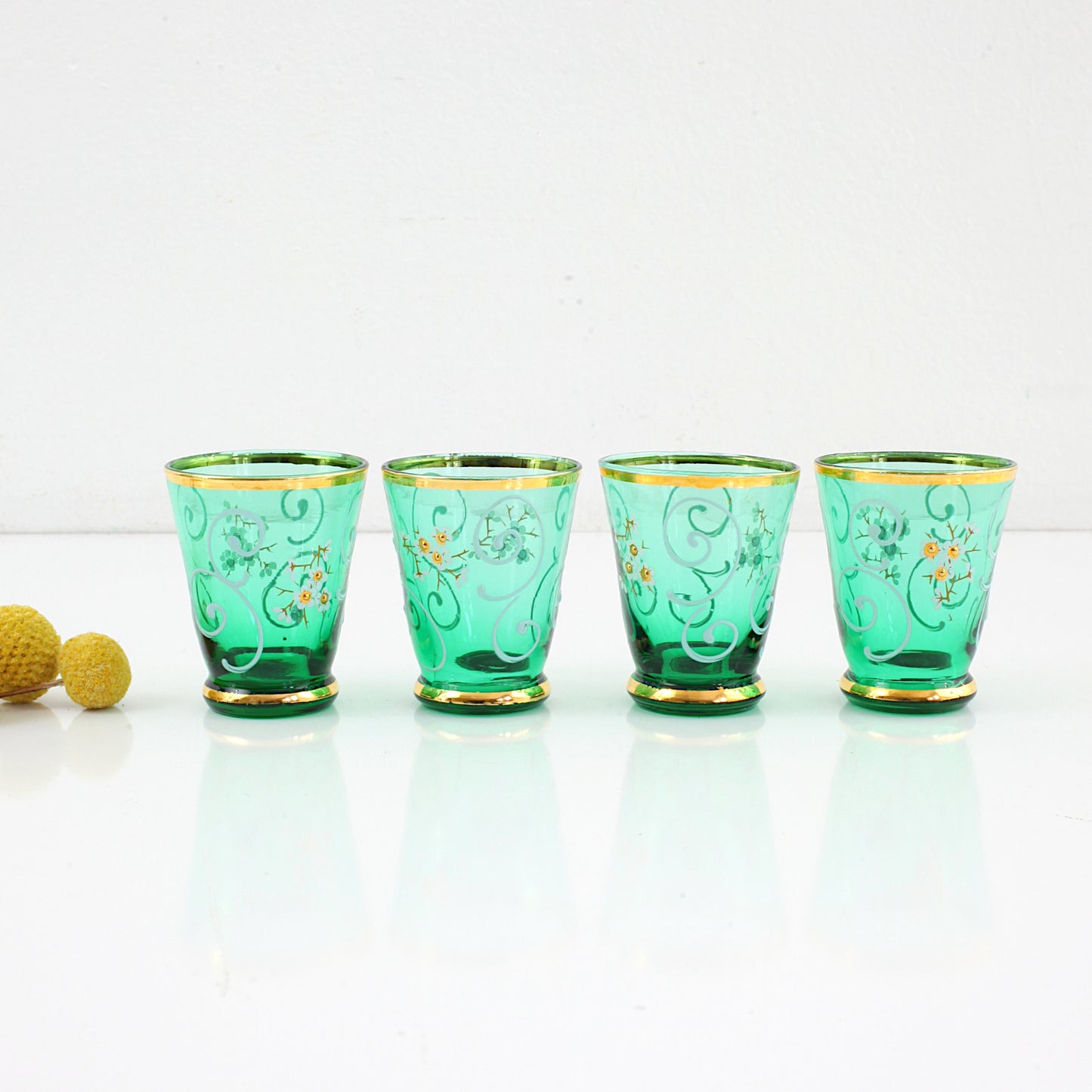 SOLD - Vintage Hand Painted Emerald Green Bohemian Shot Glasses